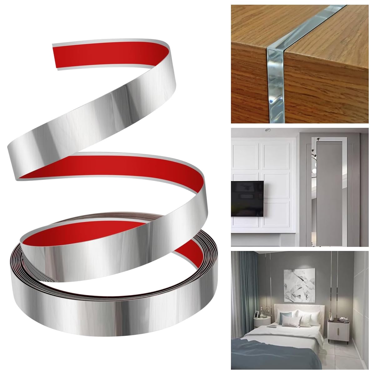HASTHIP 16.4ft Silver Metal Trim Wall Strip, 201 Stainless Steel Self Adhesive Peel and Stick Wall Trim Metalized Mirror-Like Finish for Wall Ceiling Floor Cabinet Tile Edge Moulding (Silver) HASTHIP 16.4ft Silver Metal Trim Wall Strip, 201 Stainless Steel Self Adhesive Peel and Stick Wall Trim Metalized Mirror-Like Finish for Wall Ceiling Floor Cabinet Tile Edge Moulding (Silver)
